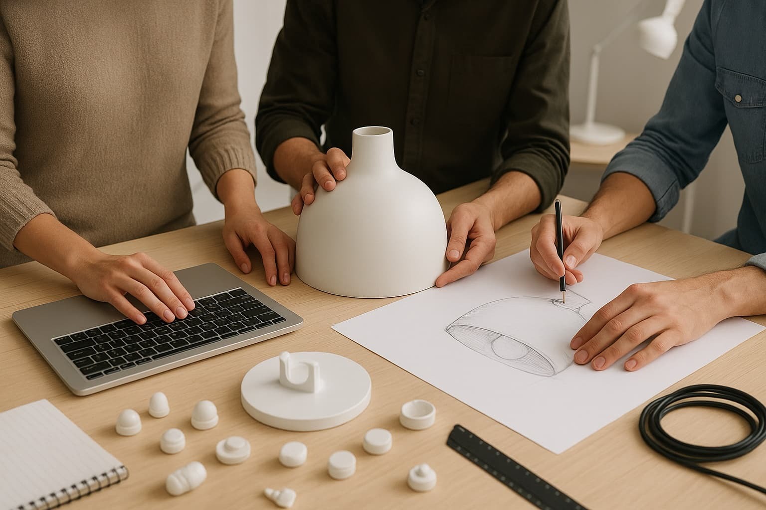 Il team di progettazione disegna e assembla una lampada a sospensione bianca.