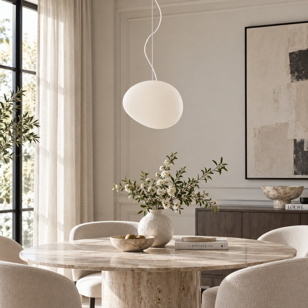 Lampadario di ciottoli sopra un tavolo da pranzo illuminato dalla luce del giorno