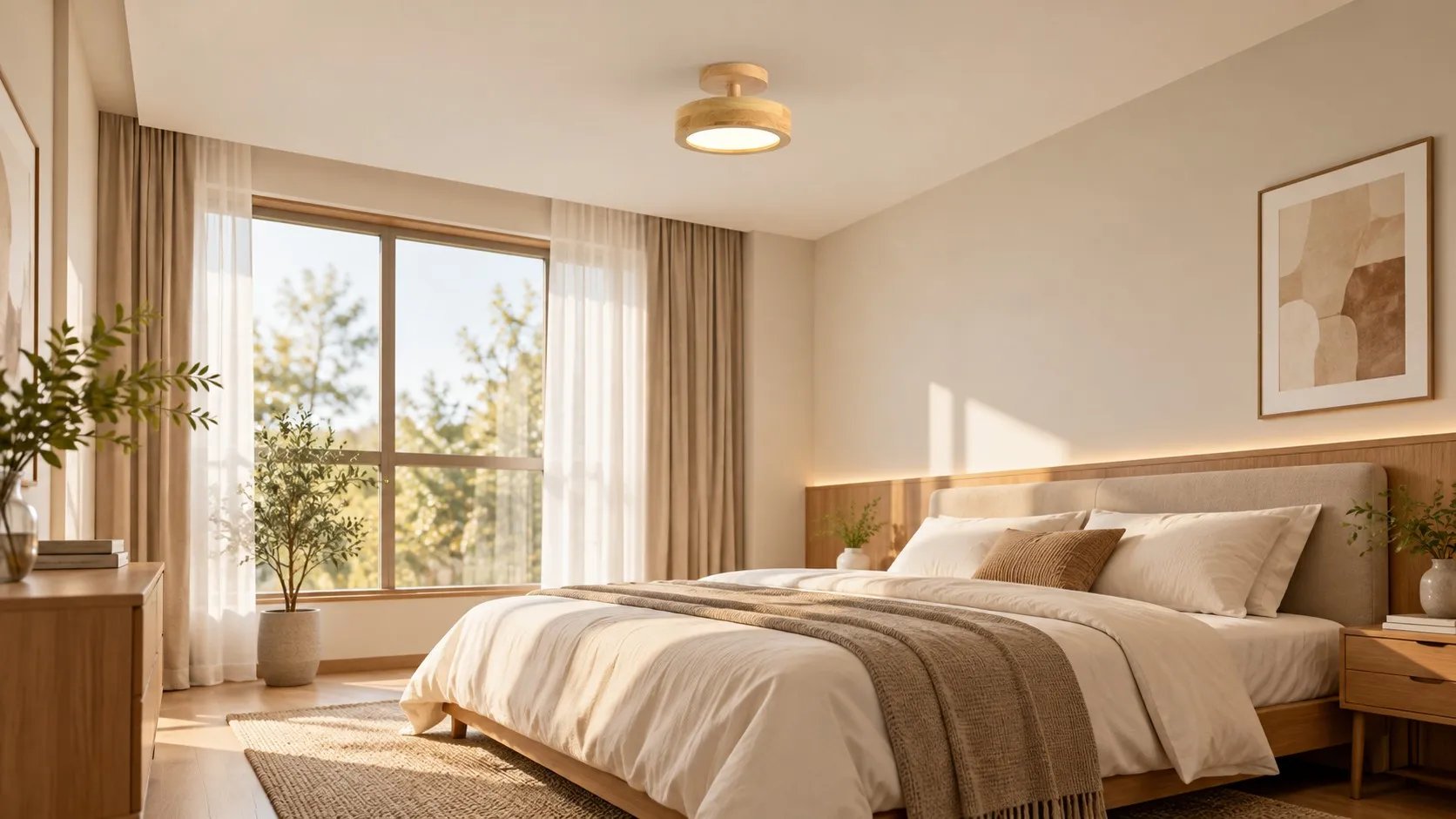 Lampada da soffitto Macaroon in legno accesa sopra un letto