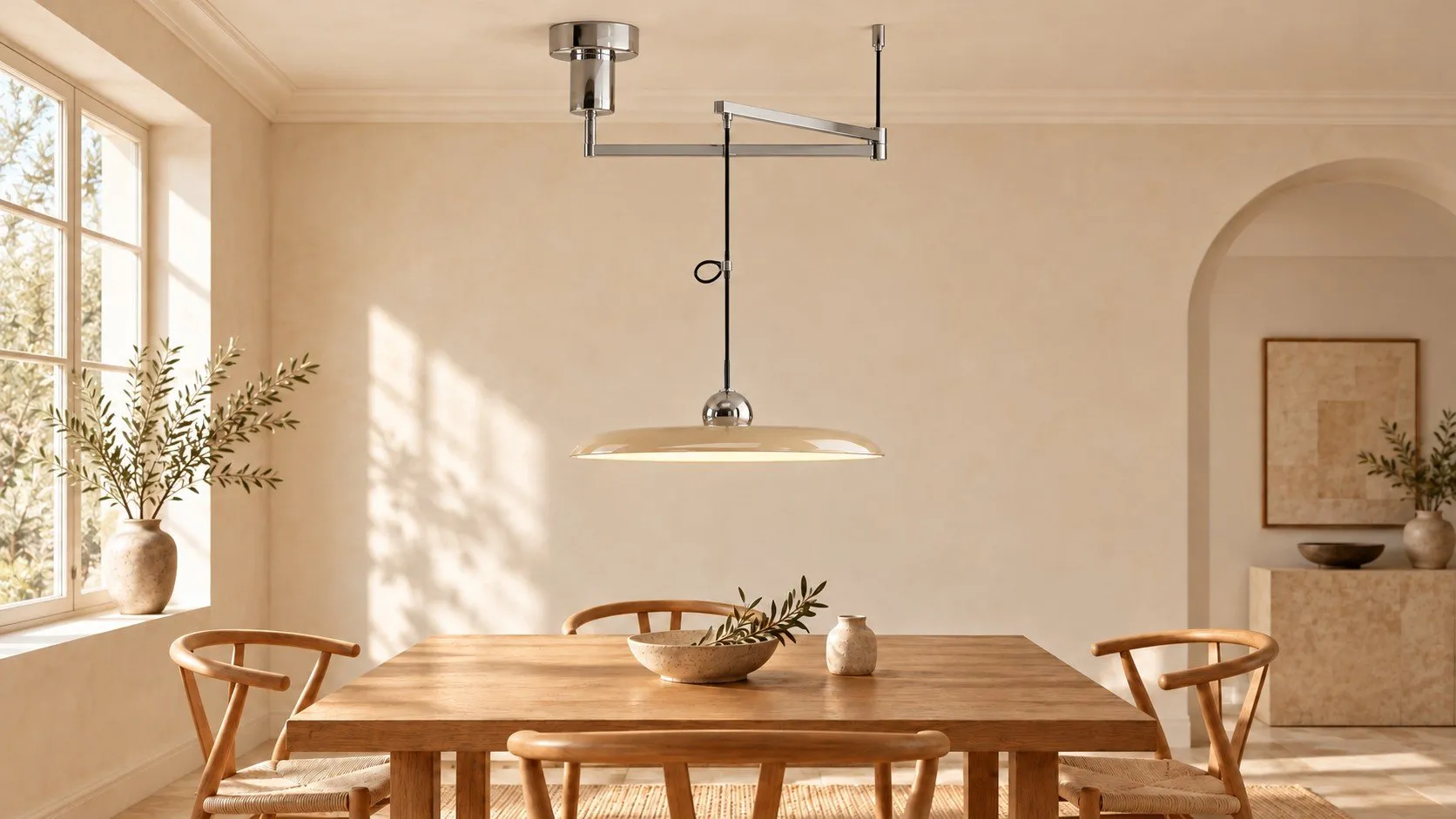 Suspension Tizio chrome et beige au-dessus d’une table en chêne clair