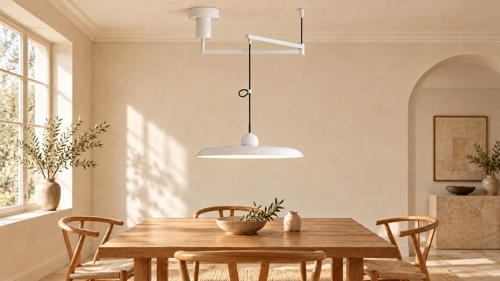 Suspension Tizio blanche au-dessus d’une table en chêne clair