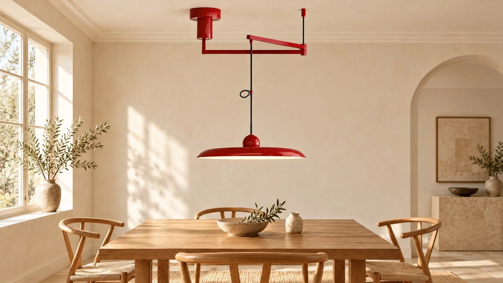 Suspension Tizio rouge au-dessus d’une table en chêne clair
