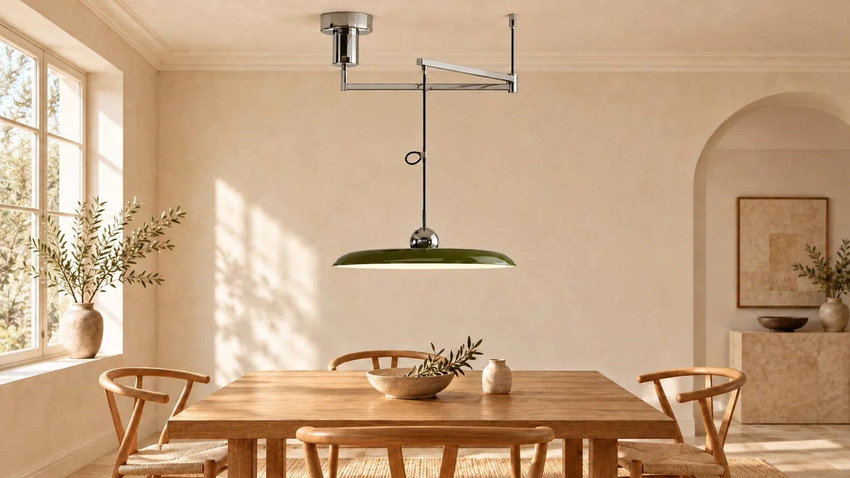 Suspension Tizio chrome et vert au-dessus d’une table en chêne clair