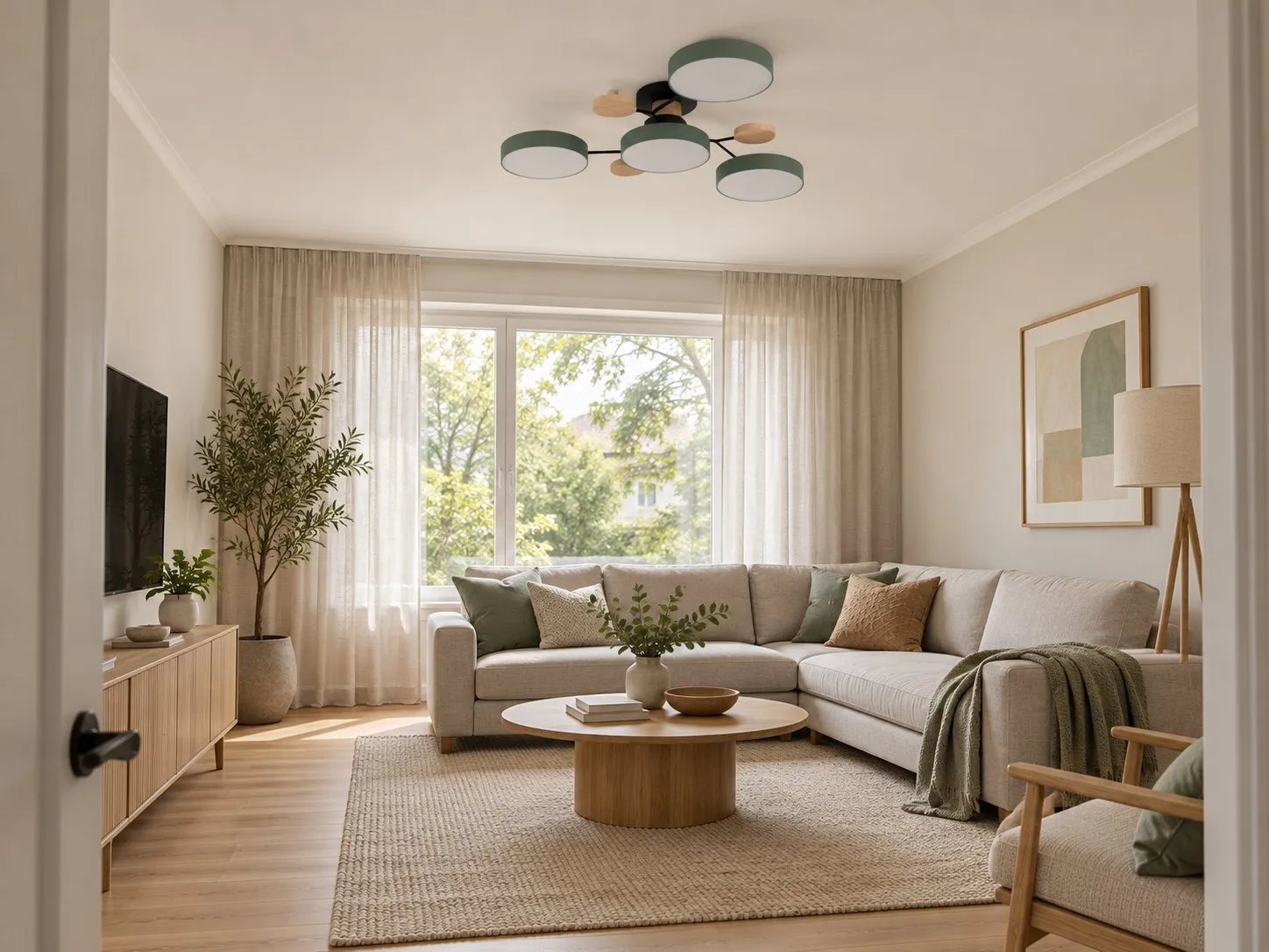 Groene lamp uit in een hele woonkamer