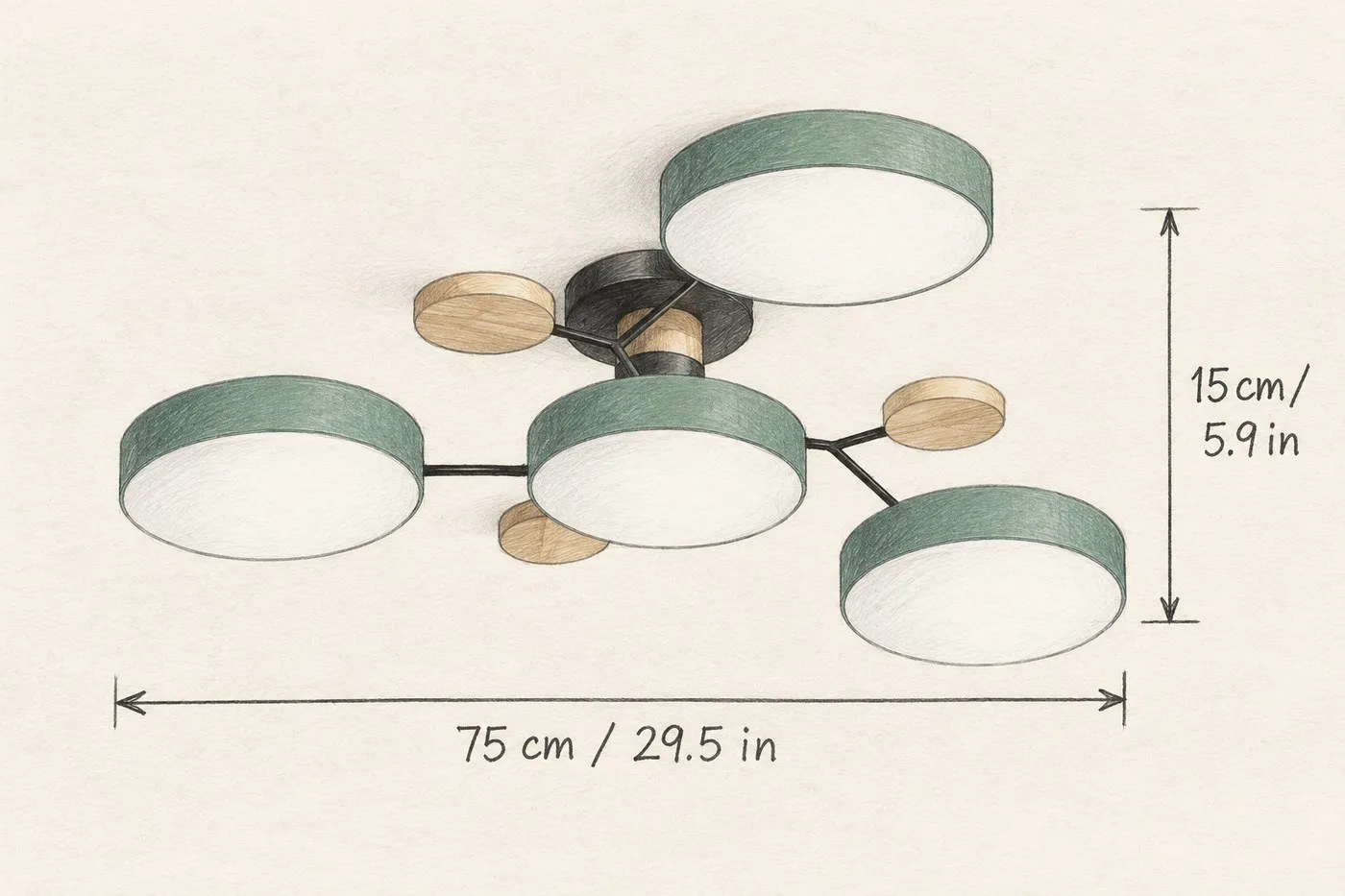Handgetekende maatschets: 75 cm breed, 15 cm omlaag