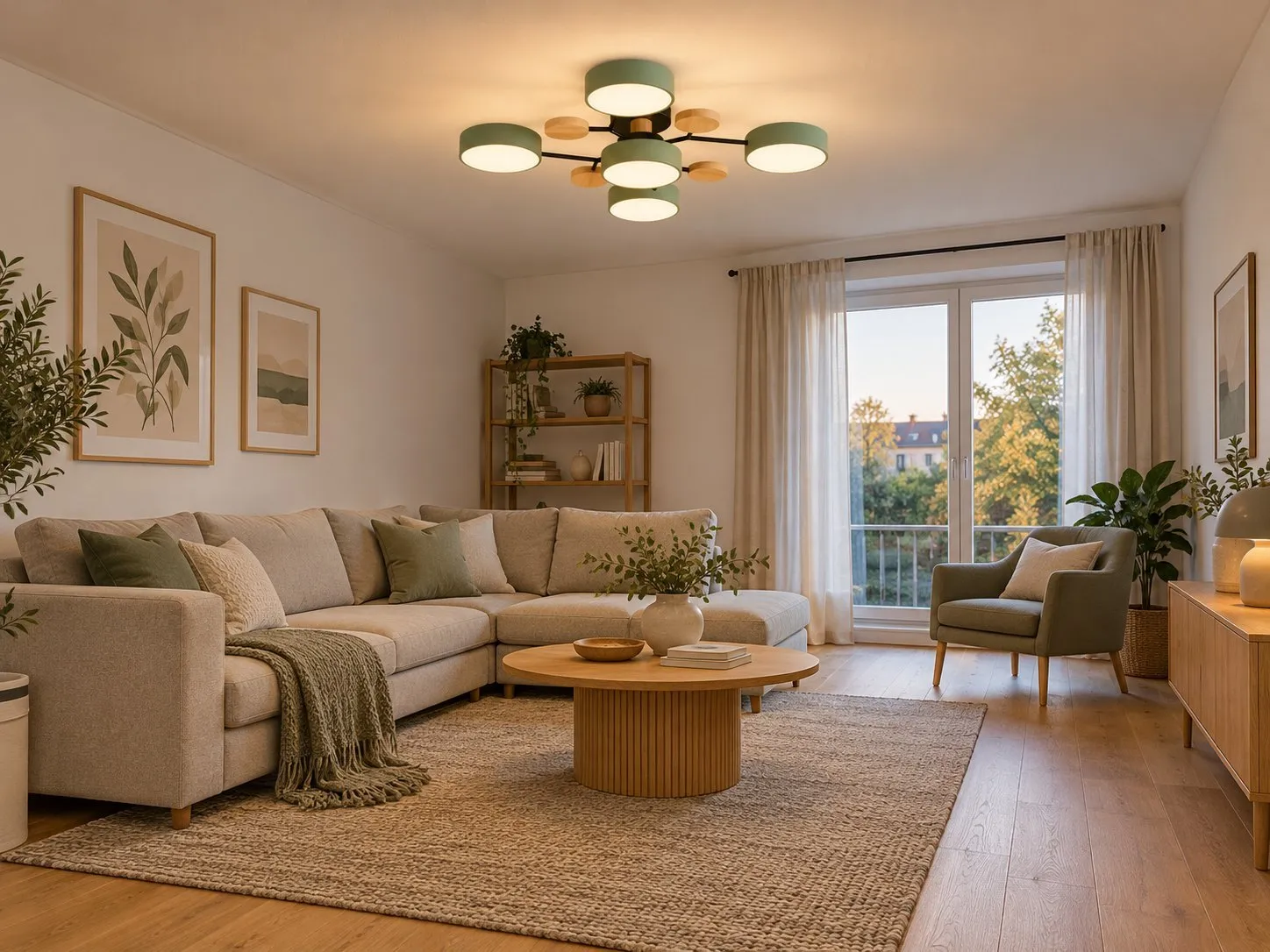 Groene lamp met 5 koppen, brandend in een woonkamer
