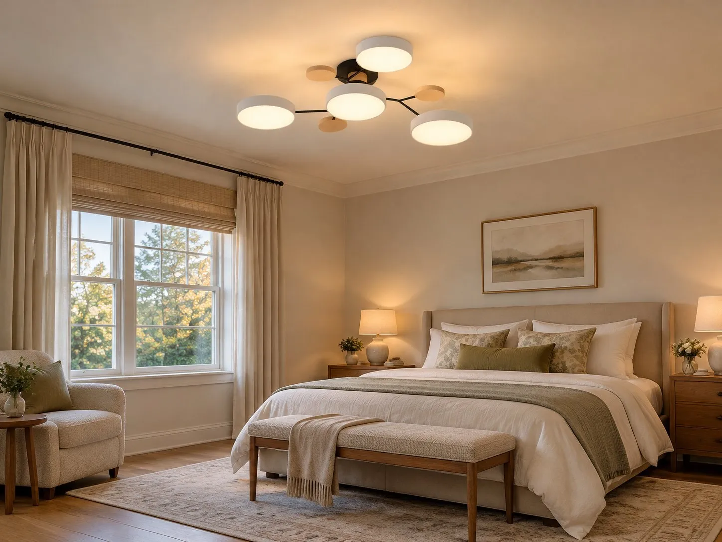 Witte lamp met 4 koppen, brandend in een slaapkamer