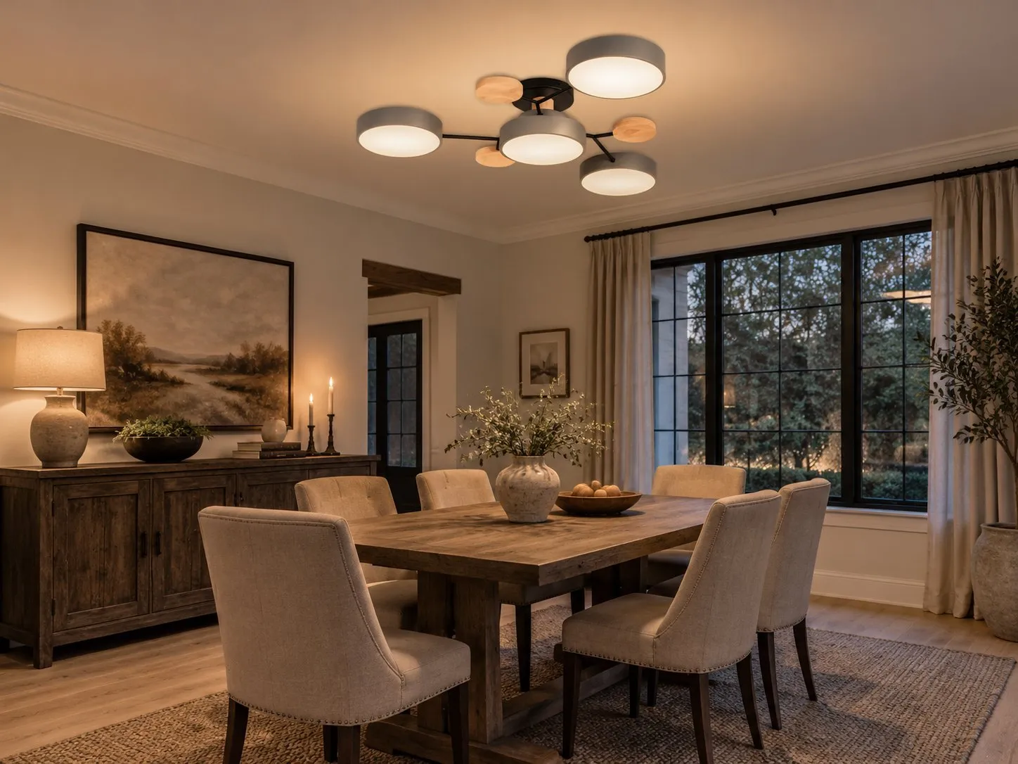 Grijze lamp met 4 koppen, brandend in een eetkamer