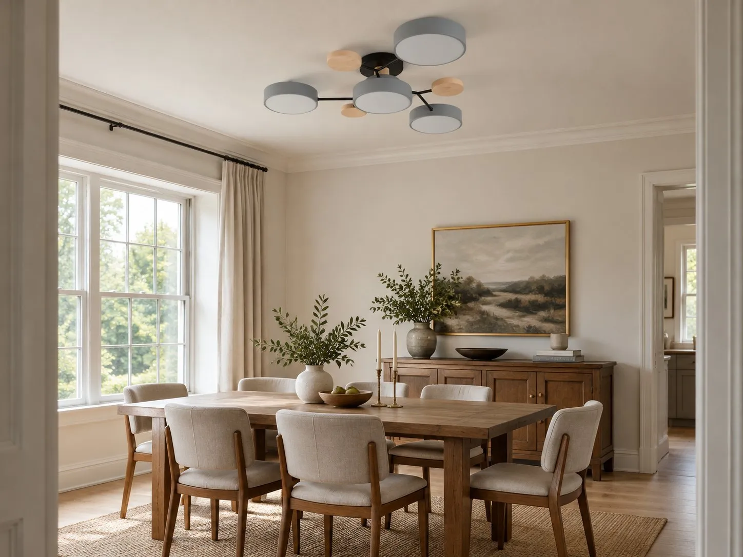 Grijze lamp uit in een hele eetkamer