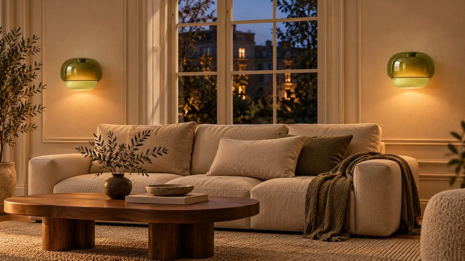 Two green Clinco lamps lit, one on each side of a sofa