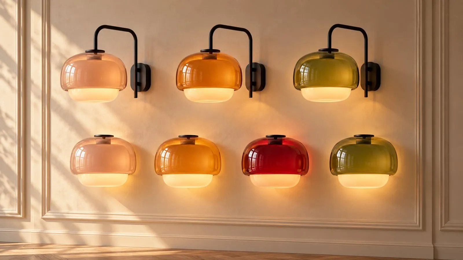 All Clinco wall lamps on one plaster wall: three Style A arm lamps above four Style B flush lamps
