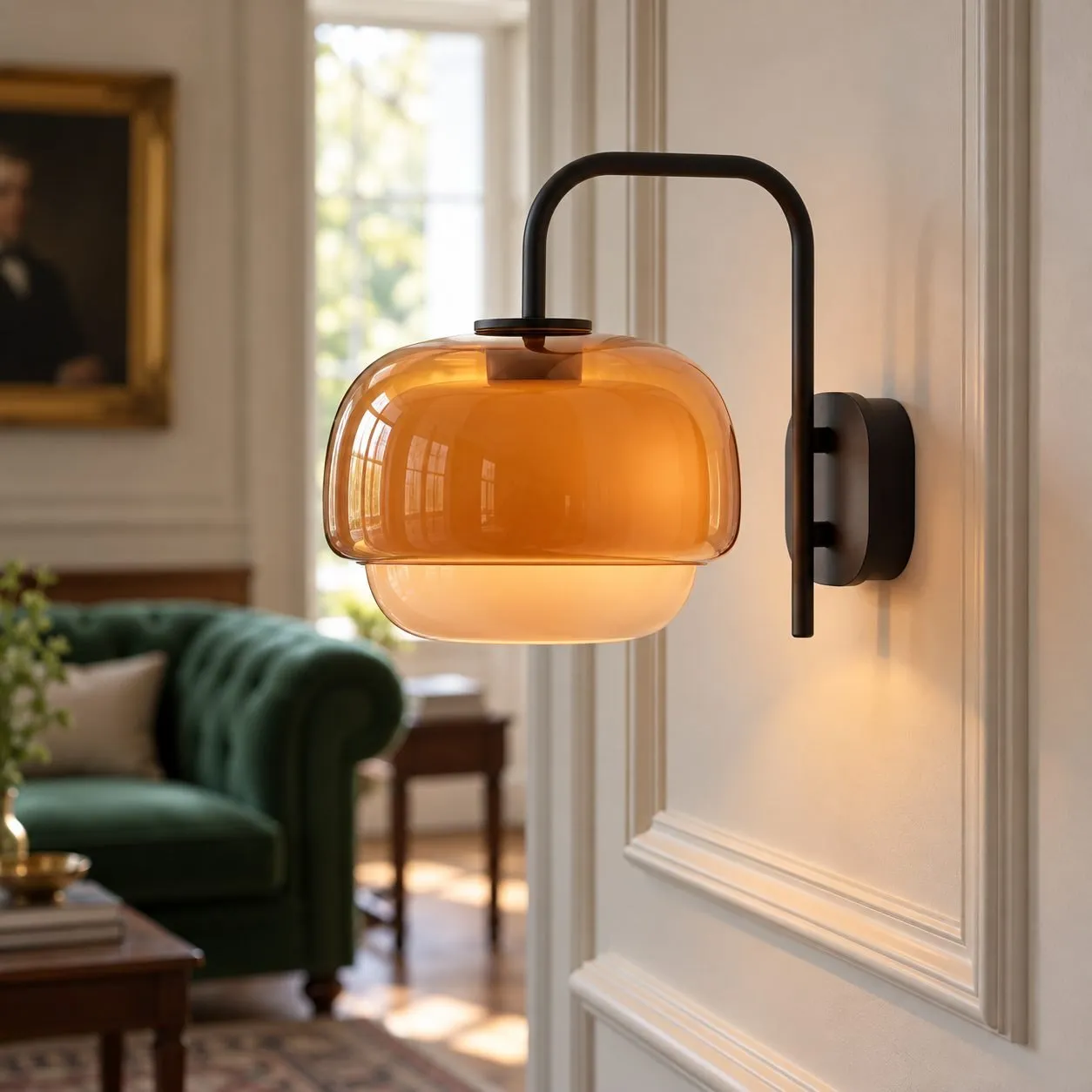 Dark orange Clinco on a curved arm above flowers