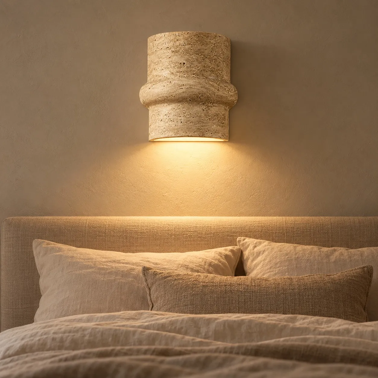 Mya junto a la cama. La luz sale por arriba y por abajo, en la pared, sin lámpara de mesa.