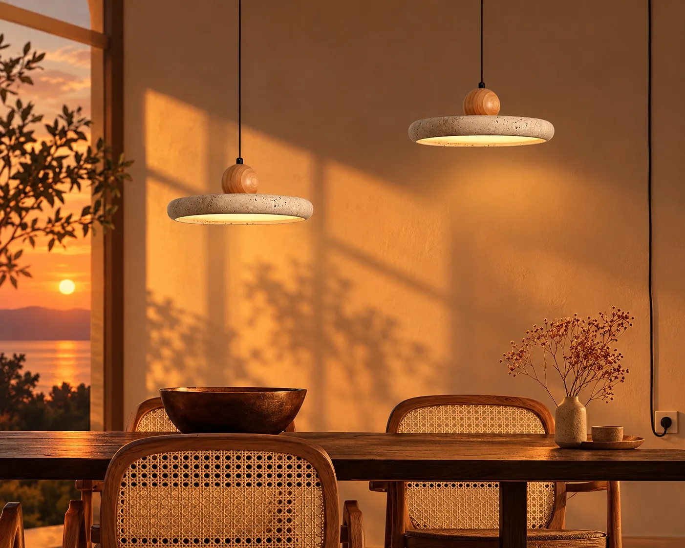 Dos colgantes sobre la mesa al atardecer