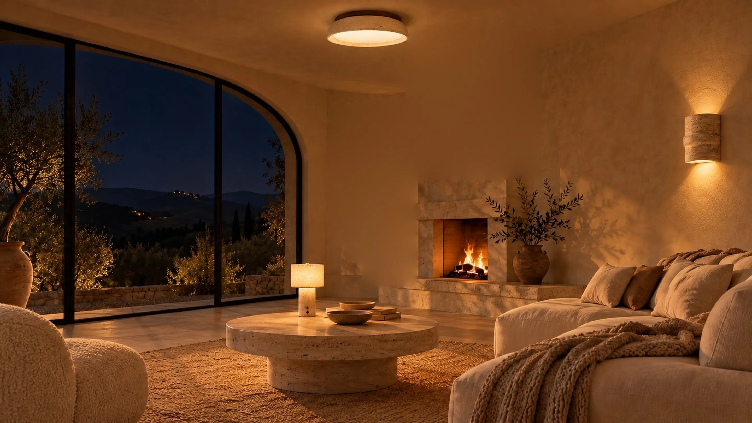 El salón de noche, luces encendidas