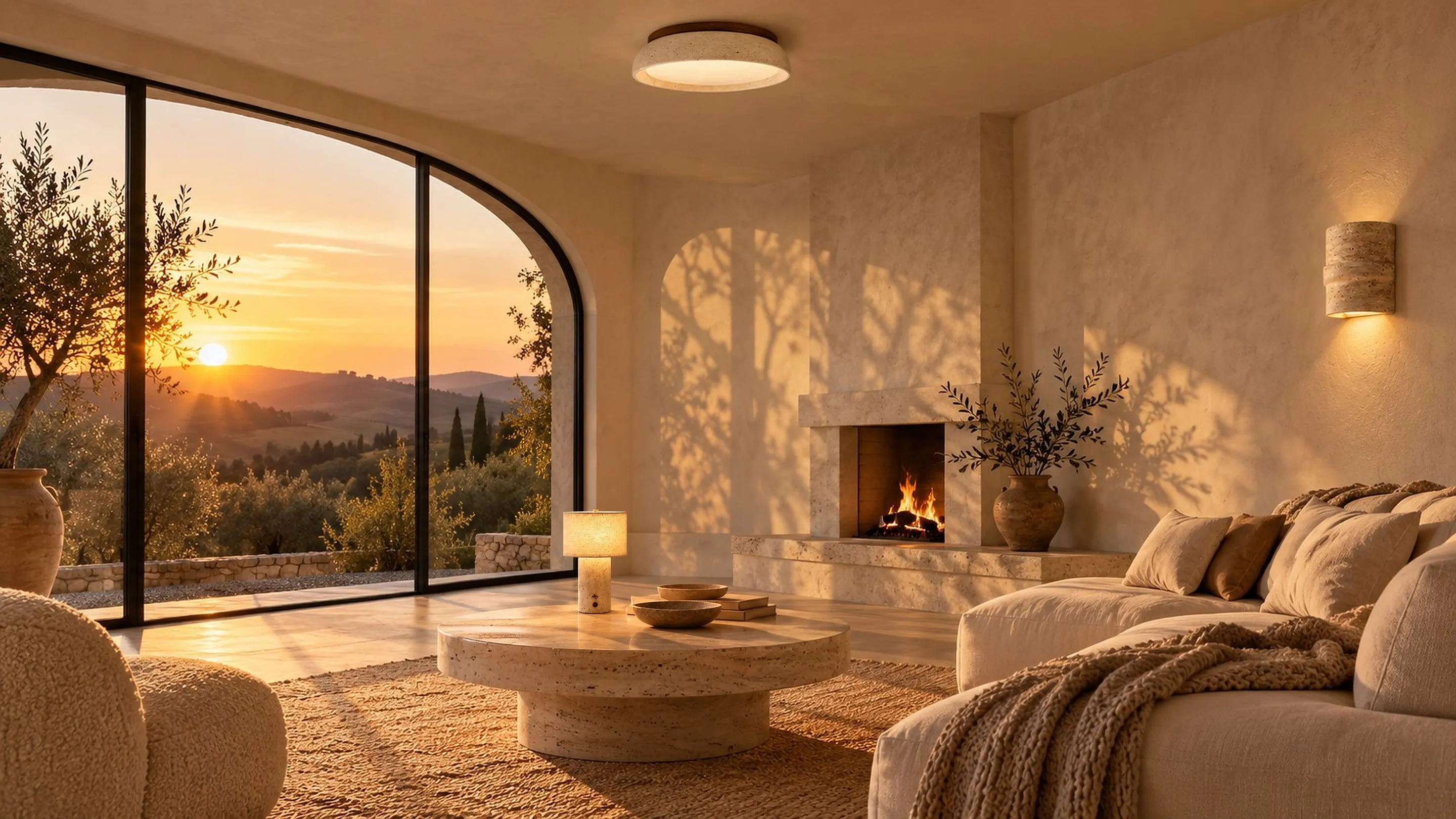 El salón al atardecer, luces encendidas