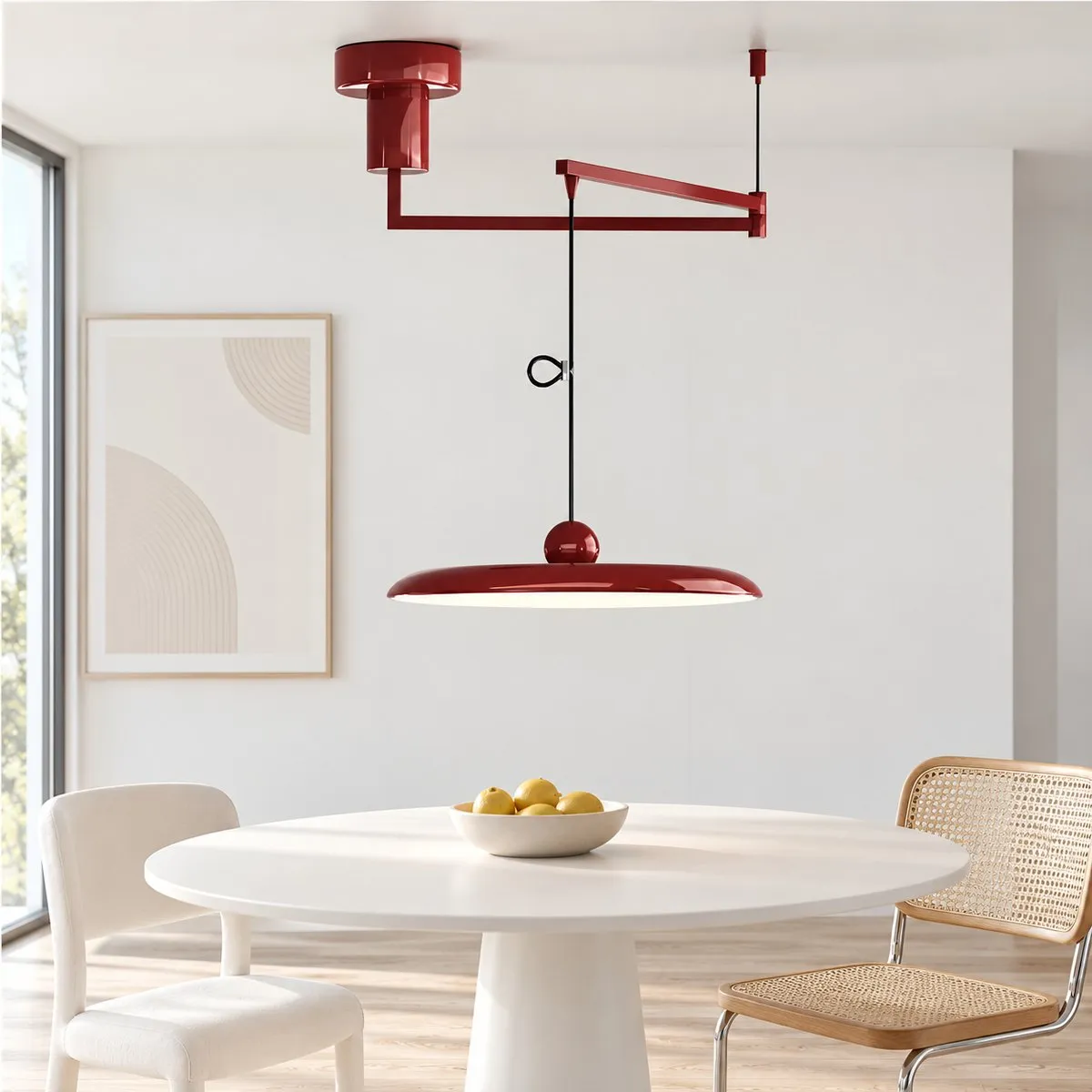 Suspension Tizio rouge au-dessus d’une table blanche