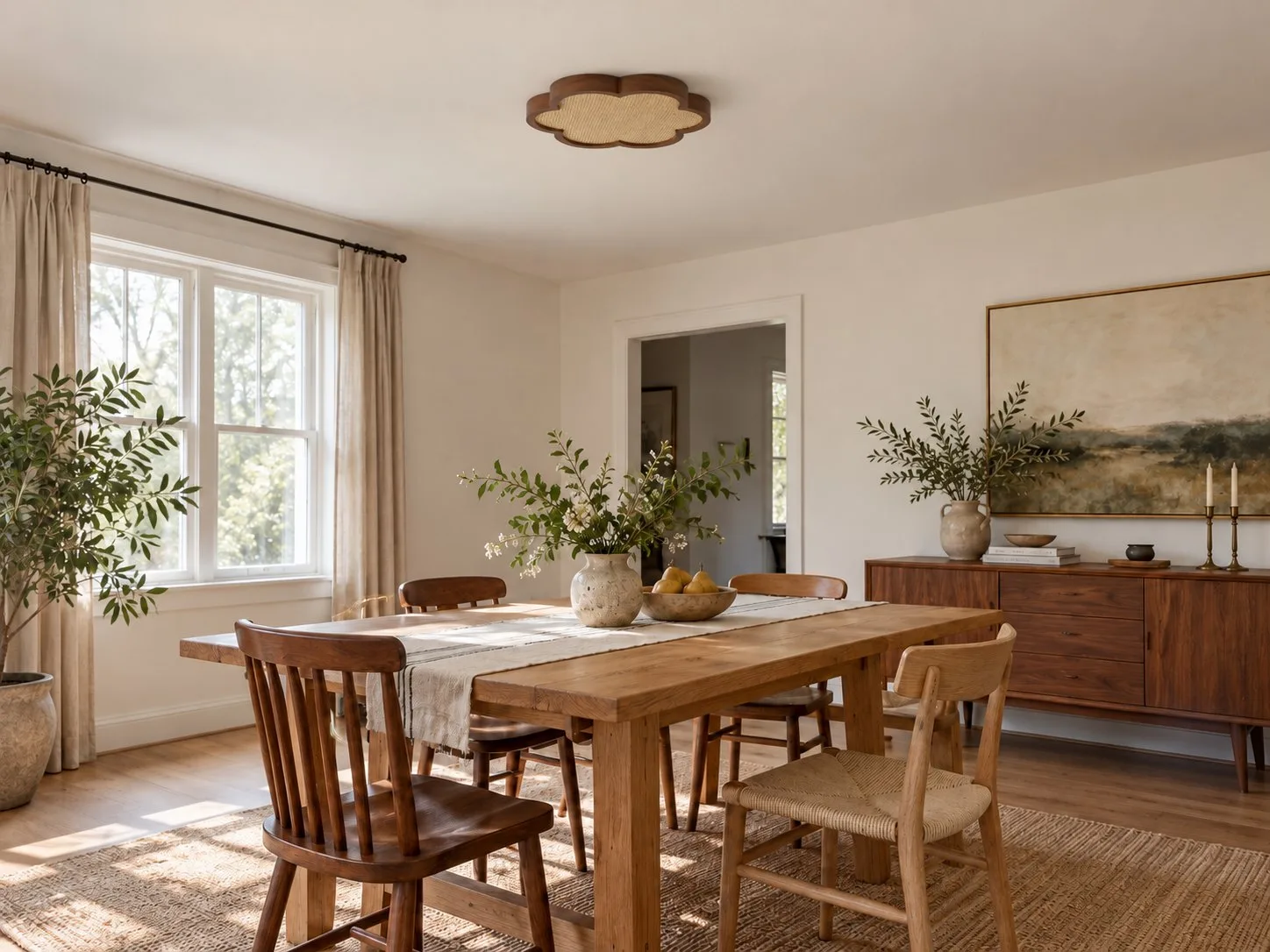 Eetkamer bij daglicht, tafel en stoelen in beeld, Cocoon-lamp uit