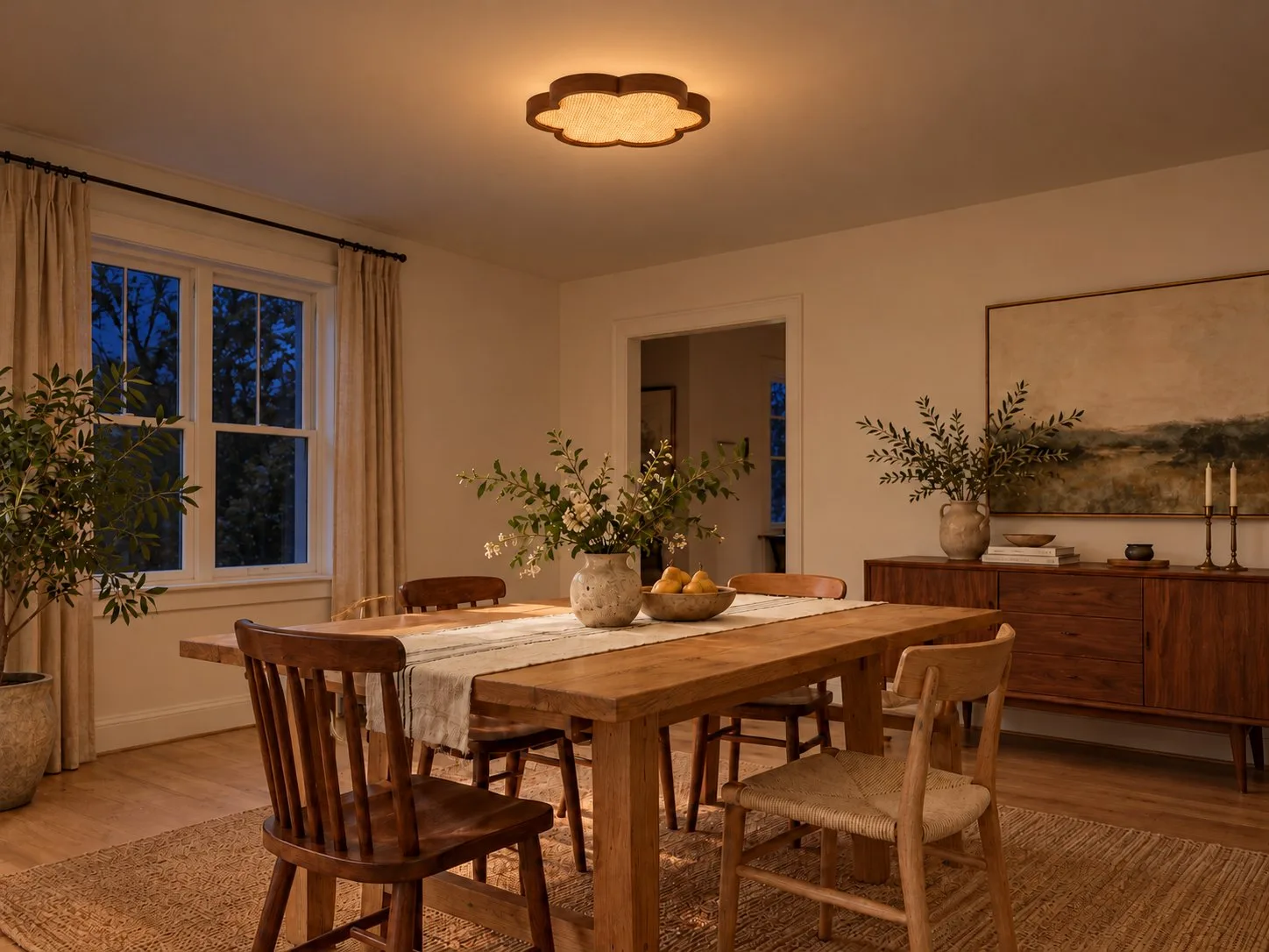 Dezelfde eetkamer ’s avonds, Cocoon-lamp aan
