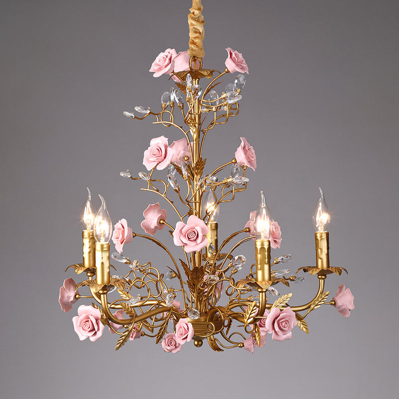 5 têtes, vigne en cuivre, roses en céramique rose