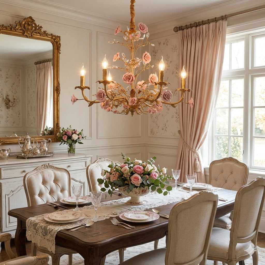 Lustre en céramique rose en forme de vigne rose éclairé au-dessus d'une table à manger à la lumière du jour