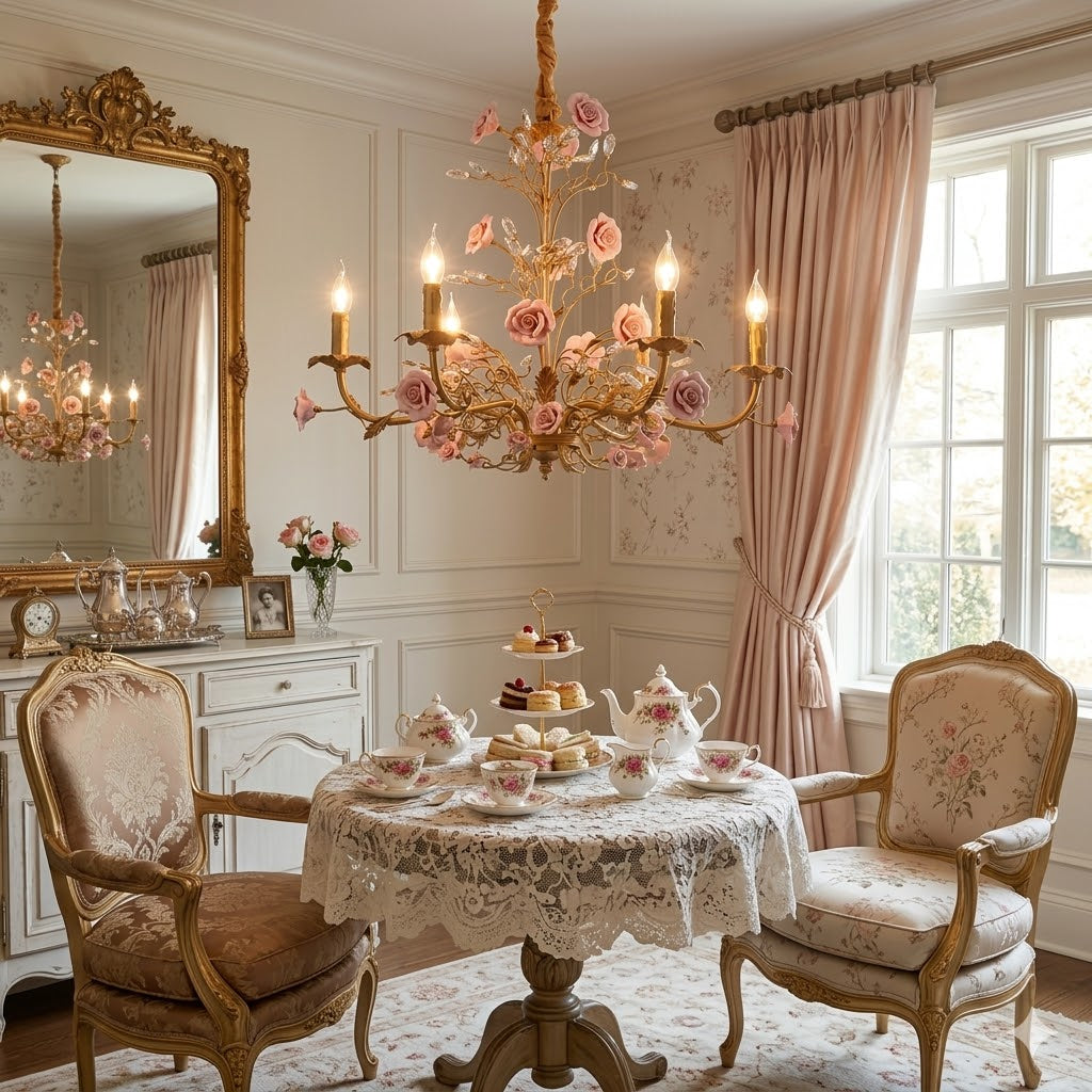 Lustre rose en céramique rose sur une table à thé à deux chaises