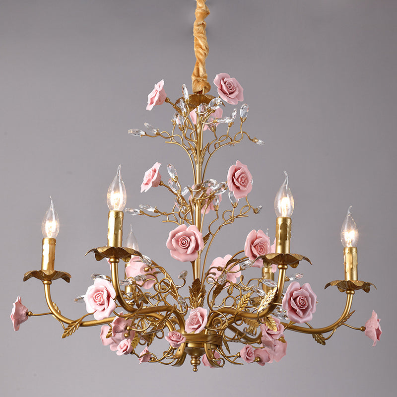 6 têtes, vigne en cuivre, roses en céramique rose