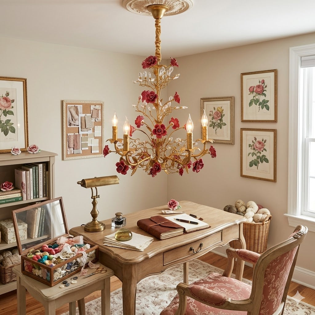 Lustre rose en céramique rouge sur un bureau