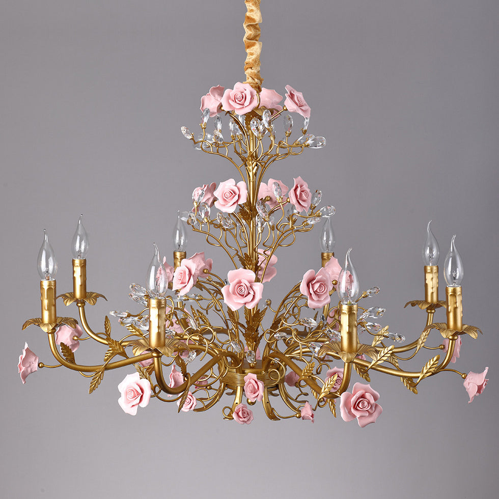 8 têtes, vigne en cuivre, roses en céramique rose