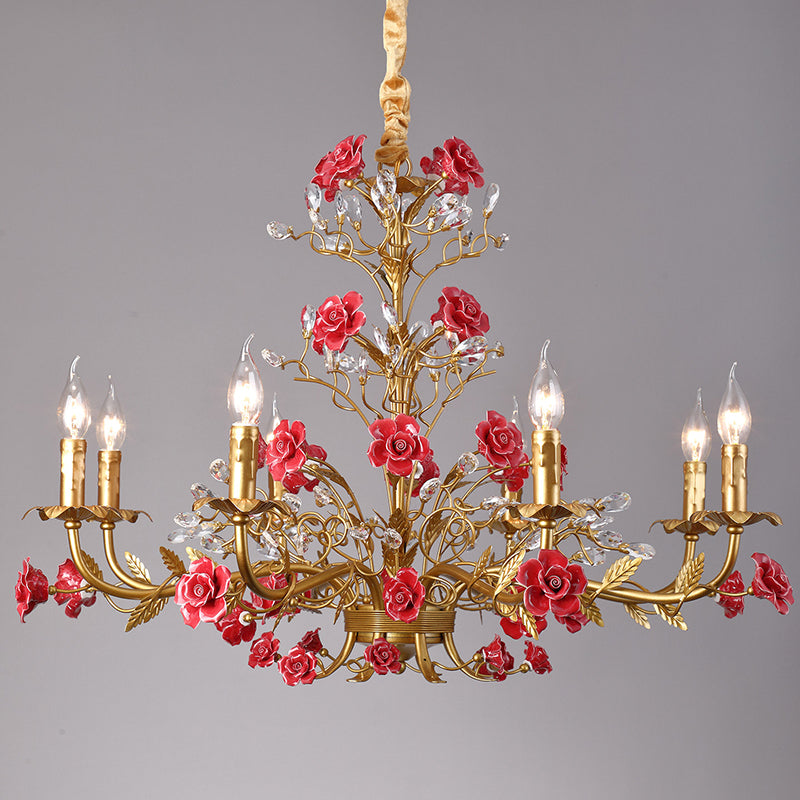 8 têtes, vigne en cuivre, roses en céramique rouge