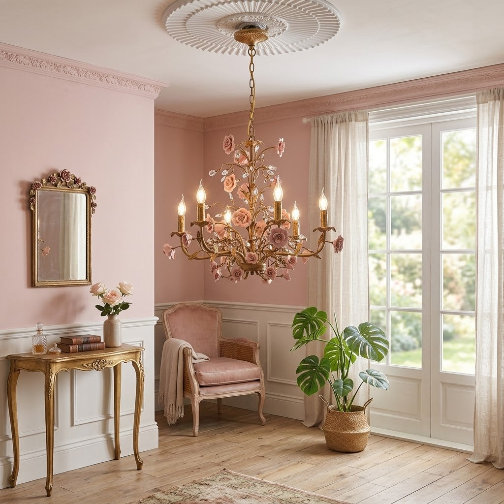 Lustre rose en céramique rose dans un coin dressing avec console