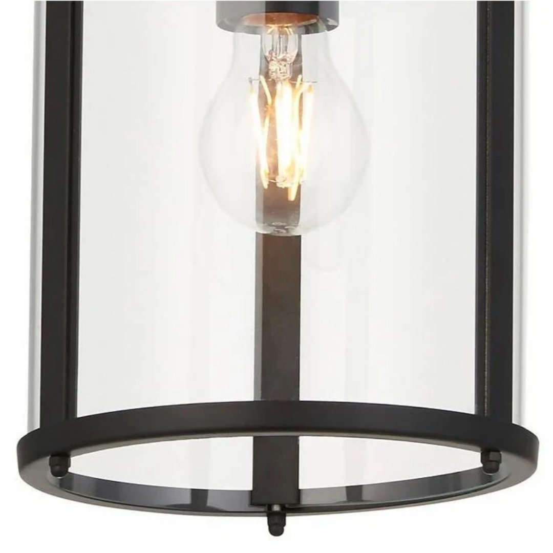 Black metal frame and clear cylindrical glass detail