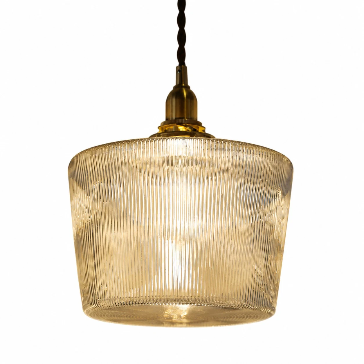 Pendentif lumineux en verre côtelé transparent avec cordon torsadé
