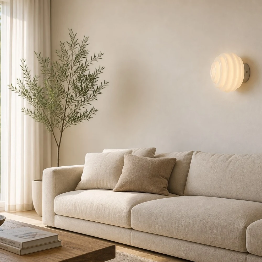 Applique murale en verre côtelé crème dans un salon