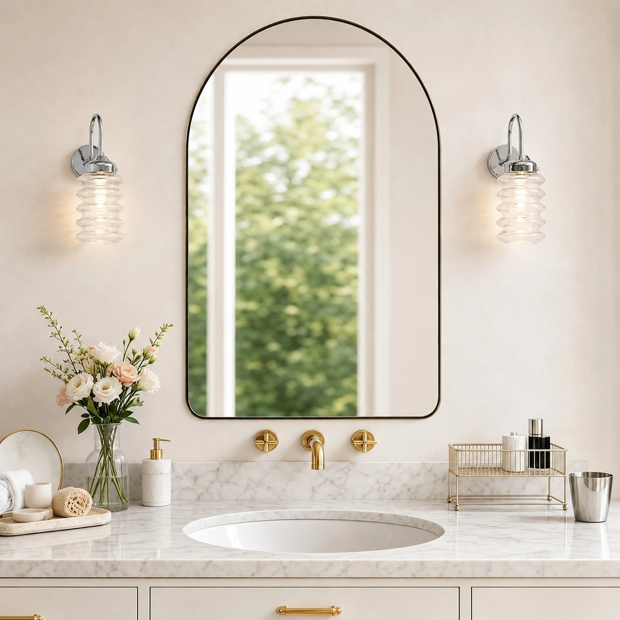 Pair of clear ribbed glass sconces around a bathroom mirror