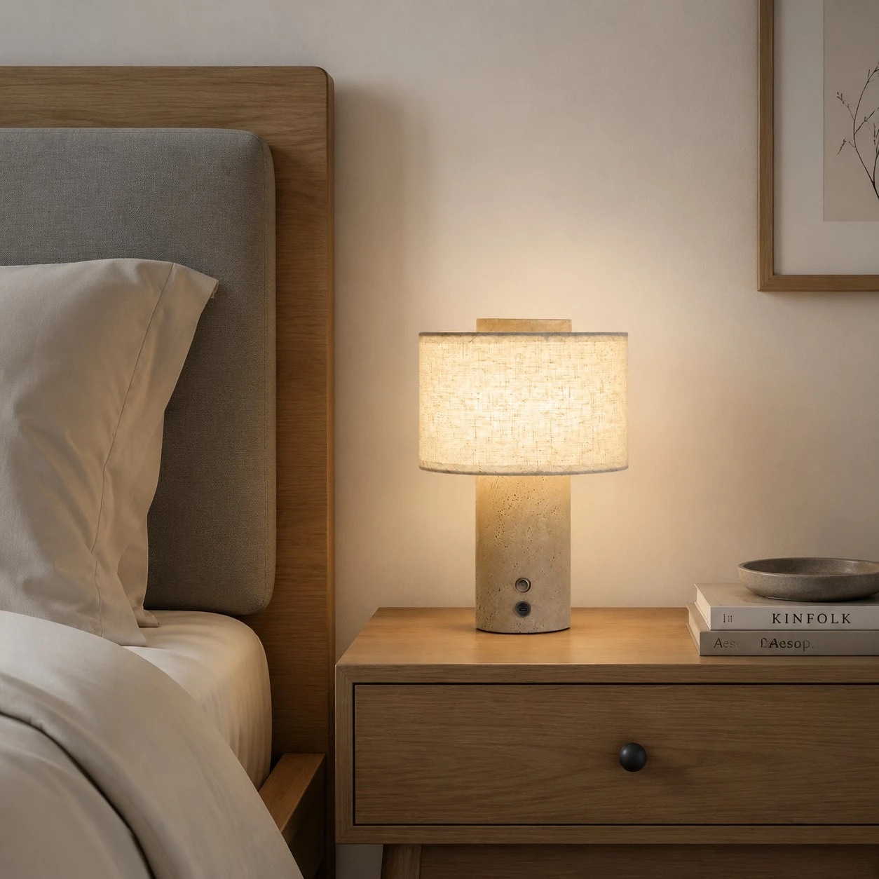 Lampe de table compacte en travertin sur une table de chevet