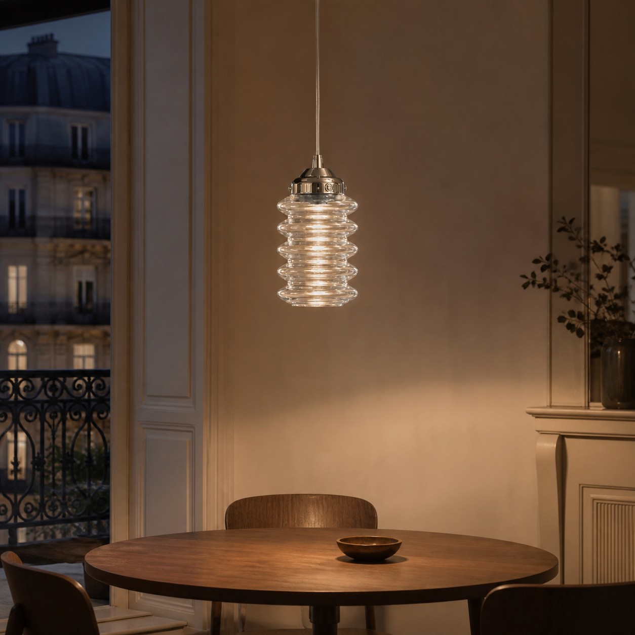 Suspension en verre côtelé transparent au-dessus d'une table à manger