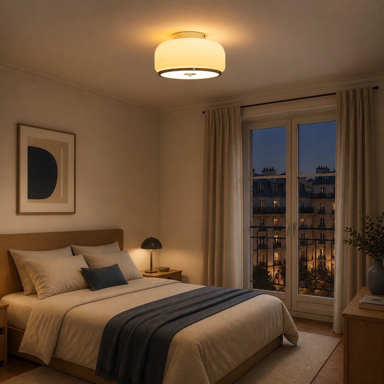 Bernsteinfarbene Glas-Deckenleuchte in einem warmen Schlafzimmer
