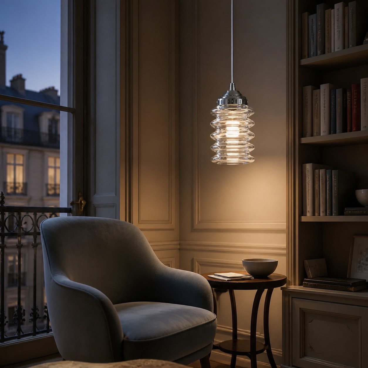 Suspension en verre côtelé transparent dans un coin lecture