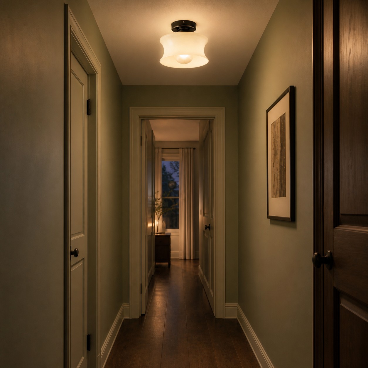White shade ceiling light in a small bedroom