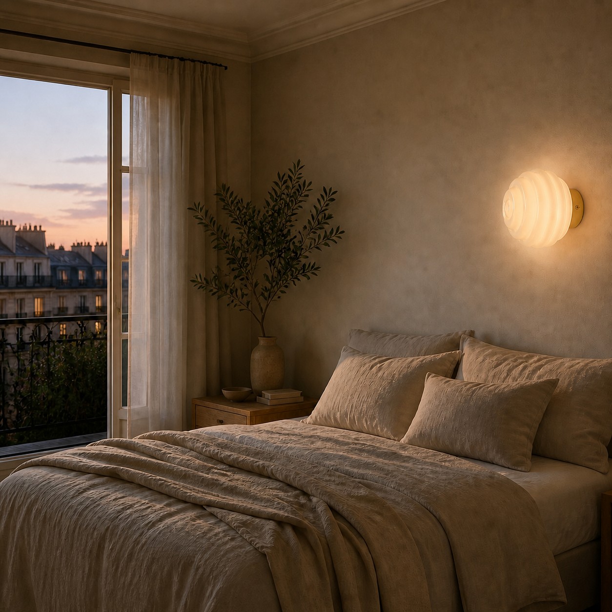 Applique murale en verre côtelé crème dans une chambre chaleureuse