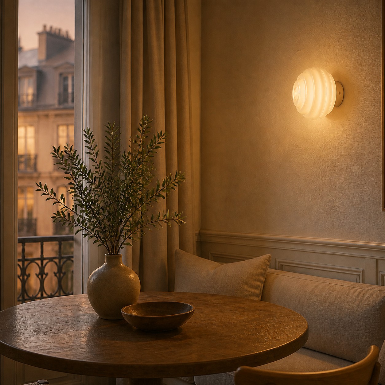 Applique murale en verre côtelé crème au-dessus d'une table à manger
