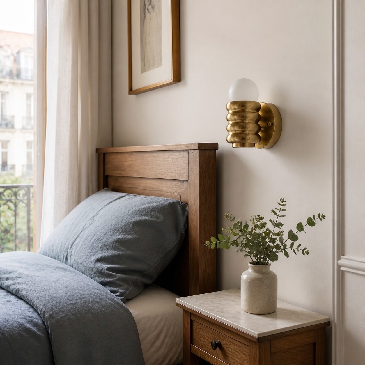 Copper wall sconce in French apartment bedroom