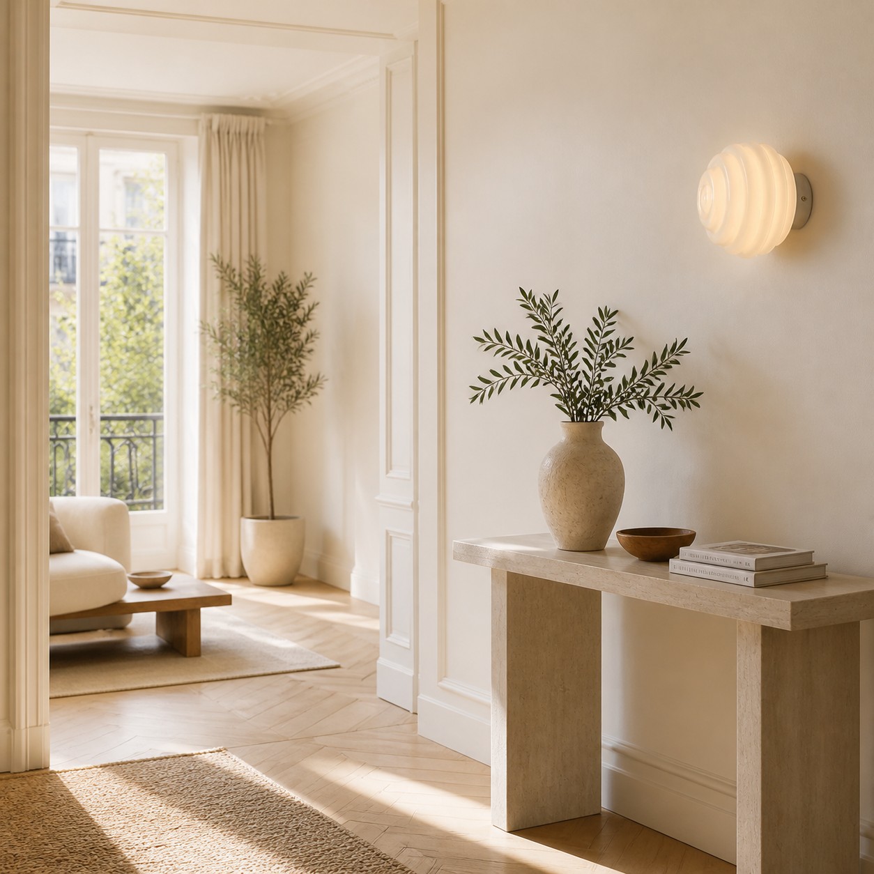 Applique murale en verre côtelé crème dans une entrée lumineuse