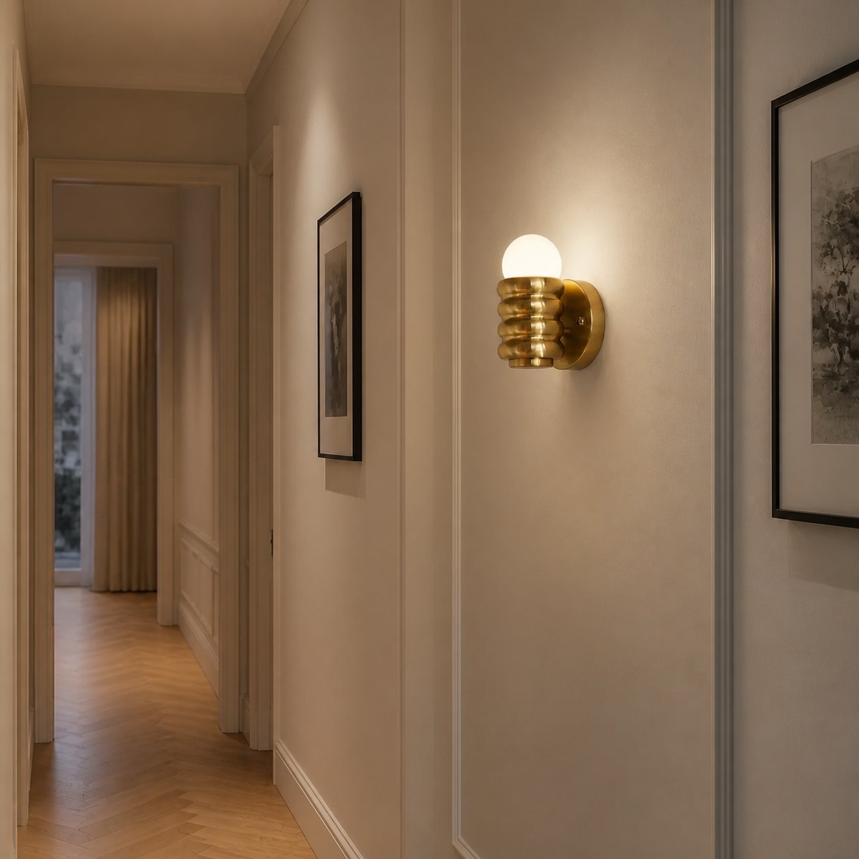 Copper wall sconce in French apartment hallway
