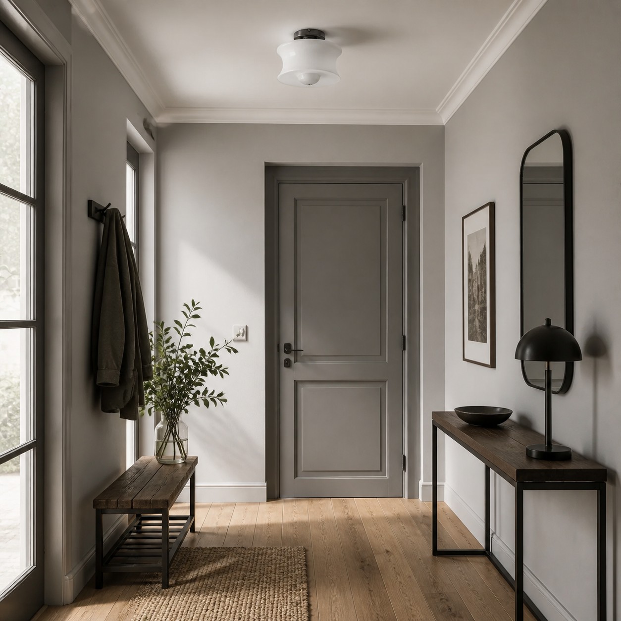 Cream shade ceiling light above a reading nook