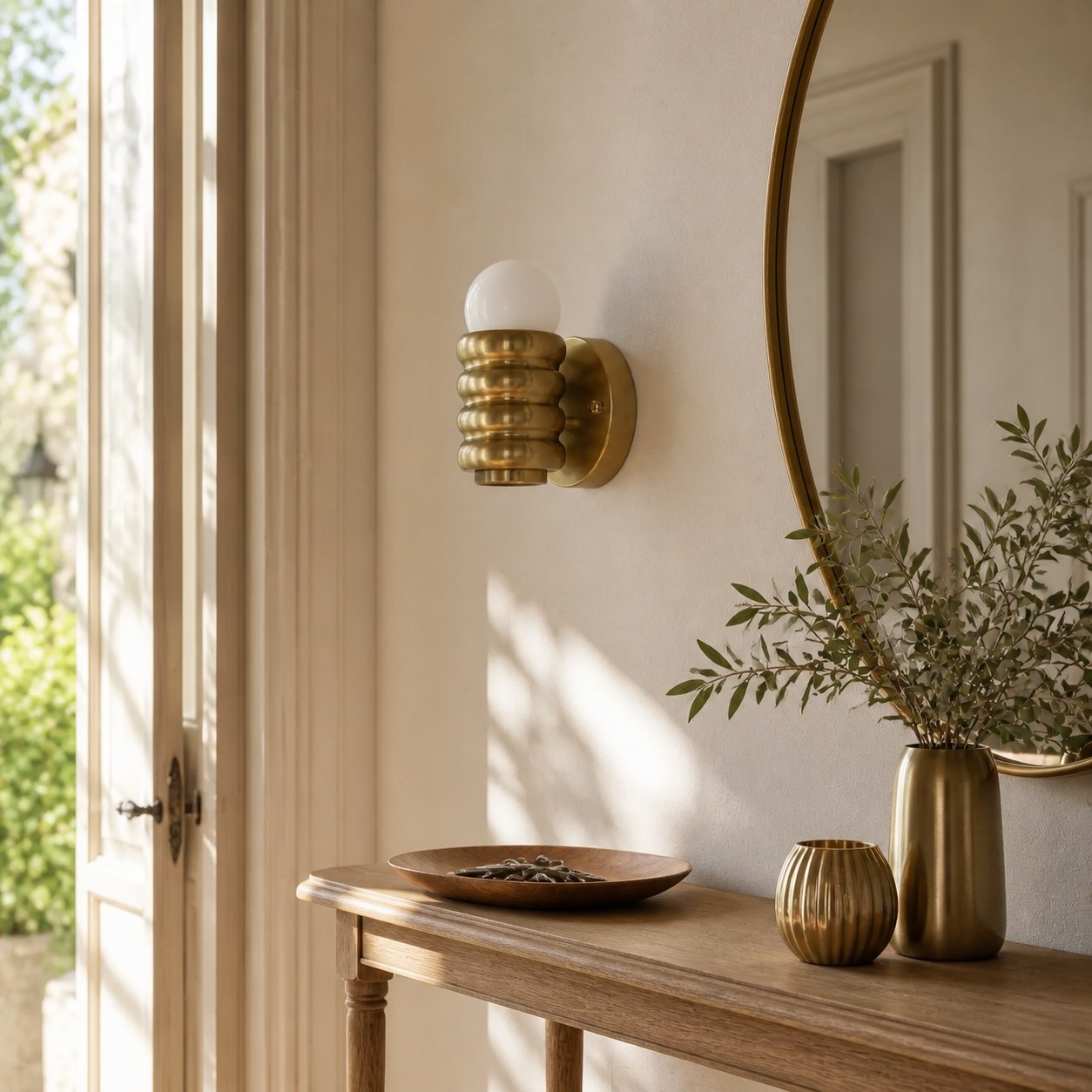 Copper wall sconce above entrance console