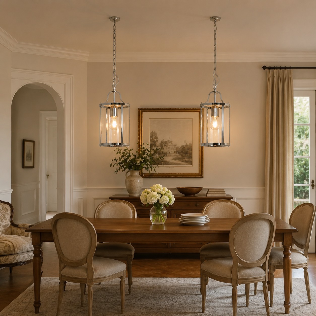 Two polished silver clear-glass lantern pendants above a dining table
