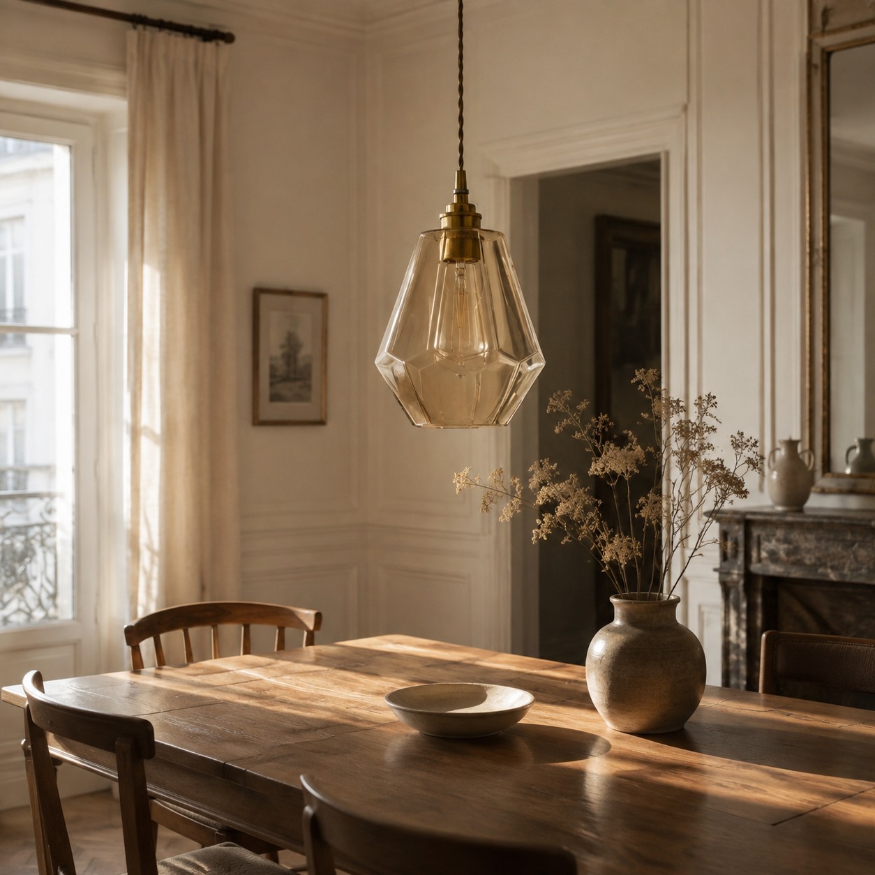 Faceted clear glass pendant above a dining table
