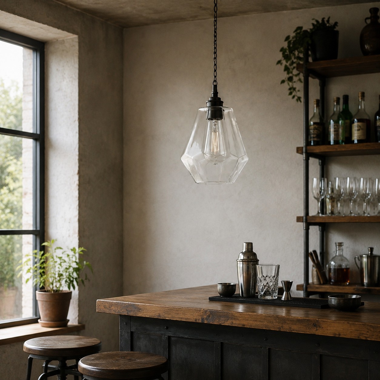 Faceted clear glass pendant above a cafe bar